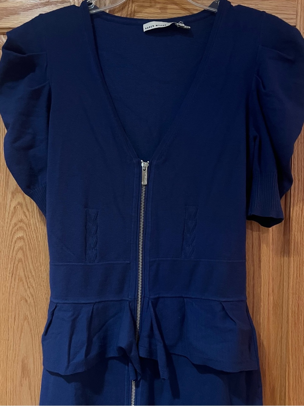 Karen Millen‎ Knit Peplum Zip-Front Puff Sleeve Mini Dress Navy Blue Size 8